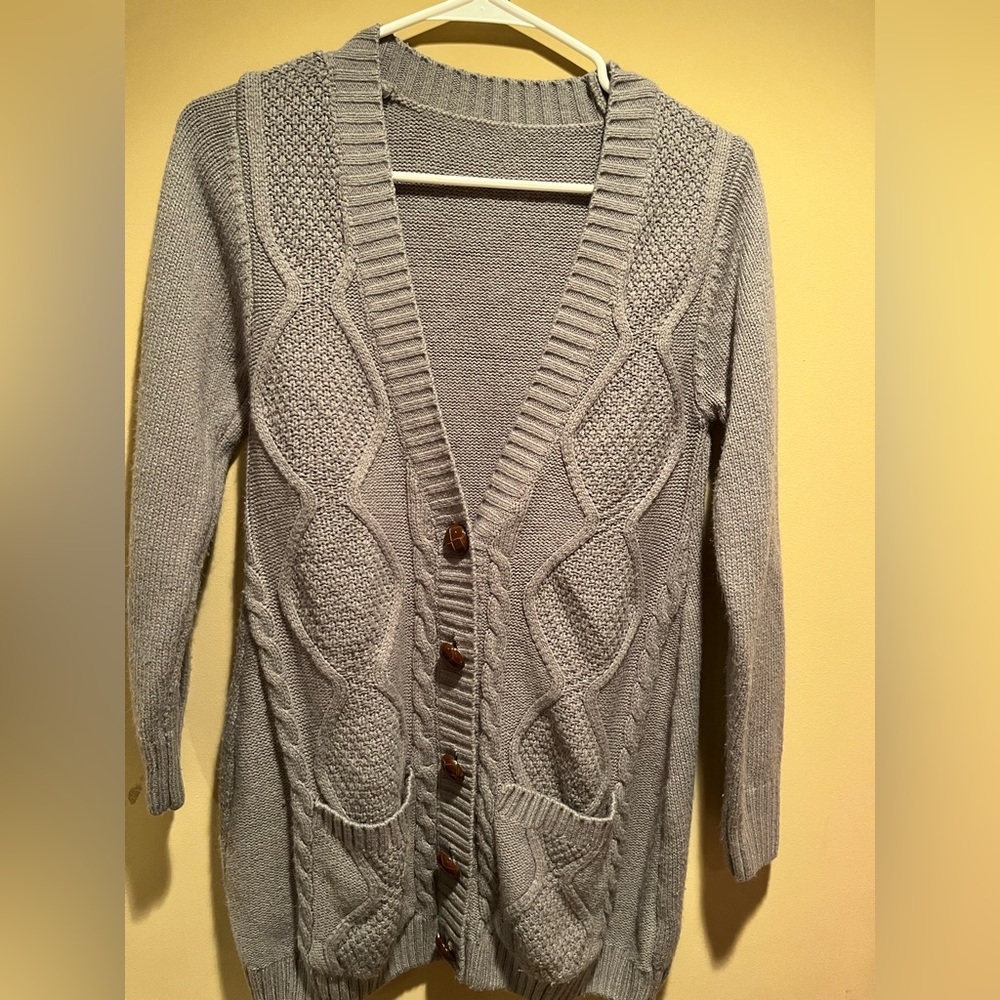 Grey Cable Knit Cardigan w/chunky Brown Buttons